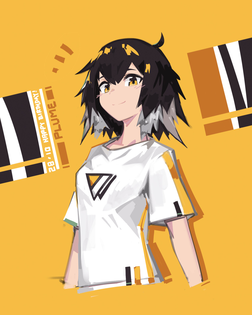 1girl absurdres arknights bangs black_hair character_name cropped_torso dated deel_(rkeg) hair_between_eyes happy_birthday highres looking_at_viewer multicolored_hair plume_(arknights) shirt short_hair solo t-shirt yellow_background