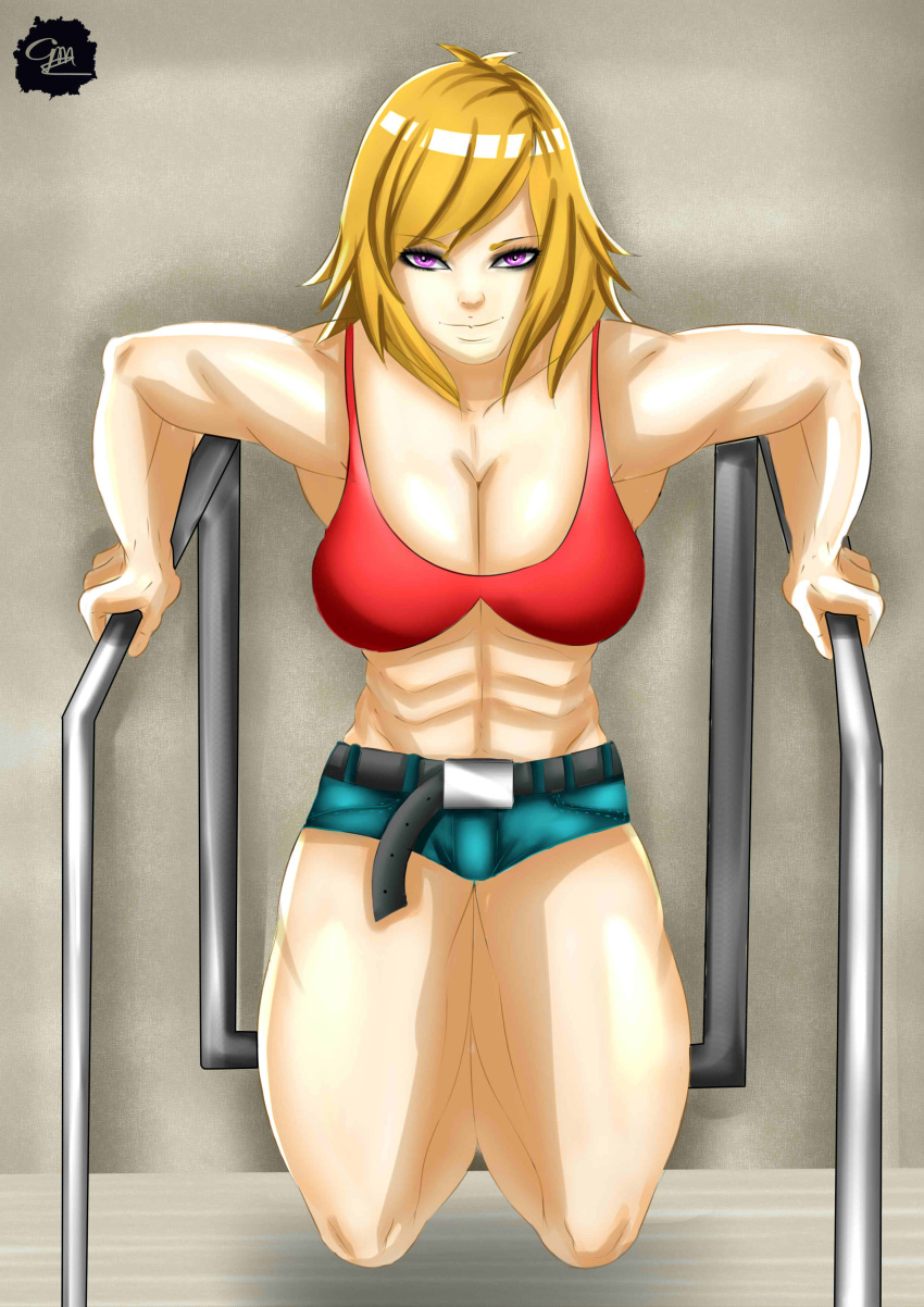 absurdres belt bianca_winterborn bikini bikini_top blonde_hair gym highres muscle muscular_female short_hair shorts smile swimsuit vampire violet_eyes