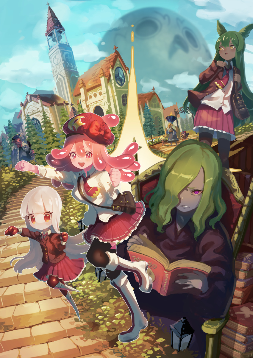 1boy 3girls :d absurdres bag book book_stack boots brown_jacket castle chair dark_skin day eye_(okame_nin) fewer_digits green_hair grey_skin hair_over_one_eye highres holding holding_book jacket long_hair long_sleeves looking_at_viewer monster_girl multiple_girls necktie okame_nin one_eye_covered open_book open_mouth original parted_lips pink_eyes pink_hair pink_skin pleated_skirt red_eyes red_neckwear red_skirt school_uniform shoulder_bag sitting skirt slime_girl smile stairs standing standing_on_one_leg tentacle_hair throne tree violet_eyes white_hair white_skin yellow_eyes