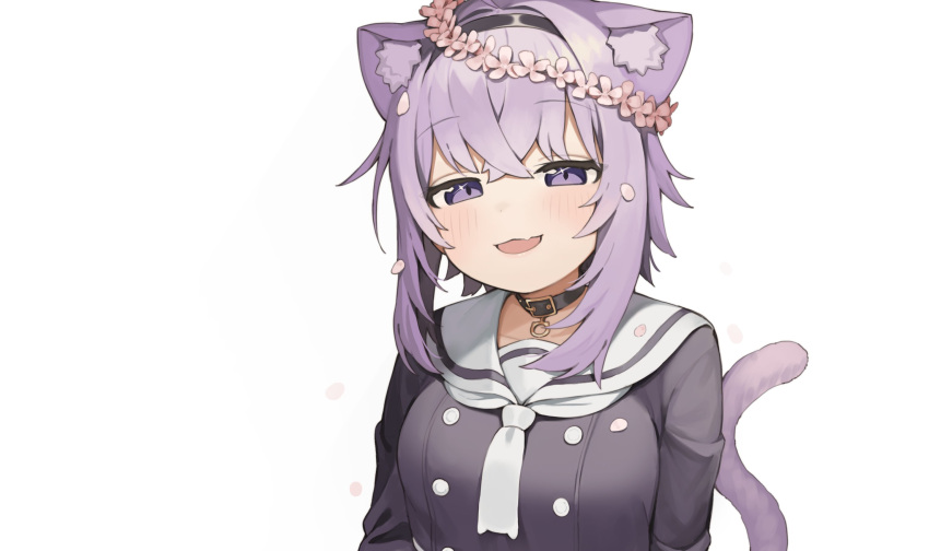 1girl :d animal_ear_fluff animal_ears bangs black_collar black_hairband black_shirt blush breasts cat_ears collar commentary_request eyebrows_visible_through_hair fang flower flower_wreath hair_between_eyes hairband head_wreath highres hololive looking_at_viewer medium_breasts nekomata_okayu open_mouth petals pink_flower purple_hair sailor_collar seramikku shirt simple_background smile solo tail upper_body violet_eyes virtual_youtuber white_background white_neckwear white_sailor_collar