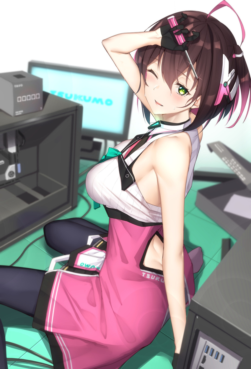 1girl ahoge arm_up ass back_cutout bangs bare_arms bare_shoulders black_gloves black_legwear blurry breasts brown_hair clothes_writing clothing_cutout commentary_request computer depth_of_field eyebrows_visible_through_hair from_side gloves gradient_hair green_eyes high-waist_skirt highres looking_at_viewer looking_to_the_side medium_breasts monitor multicolored_hair on_floor one_eye_closed one_side_up original pallad pantyhose parted_lips pink_hair pink_skirt screwdriver shirt short_hair sitting skirt sleeveless sleeveless_shirt solo wariza white_shirt