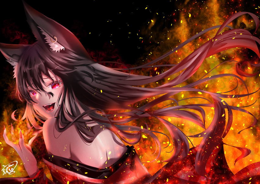 1girl animal_ear_fluff animal_ears bangs bare_shoulders black_hair commentary_request earrings eyebrows_visible_through_hair fingernails fire floating_hair fox_ears fox_girl hair_between_eyes highres hololive japanese_clothes jewelry kimono kurokami_fubuki long_fingernails long_hair looking_at_viewer off-shoulder_kimono open_mouth red_eyes red_kimono sharp_fingernails sidelocks signature solo urotare virtual_youtuber