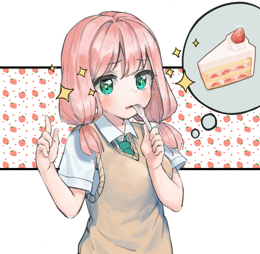 1girl afterglow_(bang_dream!) aqua_eyes bang_dream! blush cake cake_slice cardigan eyelashes food fork fruit highres looking_at_viewer pink_hair seojinhui short_sleeves star-shaped_pupils star_(symbol) strawberry strawberry_shortcake symbol-shaped_pupils uehara_himari wavy_mouth