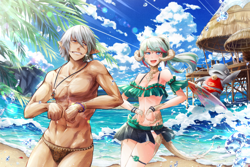 1boy 1girl aqua_hair au_ra bangle bangs bare_shoulders beach bell bikini bikini_skirt black_eyes blue_eyes blue_sky blush bow bracelet breasts brown_swimsuit clenched_hands clouds cluseller collarbone commentary_request cowboy_shot dark_skin dark_skinned_male day dragon_girl elezen elf eye_contact eyebrows_visible_through_hair fangs final_fantasy final_fantasy_xiv flower green_bikini green_bow green_flower green_rose grey_hair grin hair_tie half-closed_eyes happy haurchefant_greystone horizon horns hut jaguar_print jewelry jingle_bell lens_flare light_rays lizard_tail long_hair looking_at_another looking_back male_swimwear multicolored_hair namazu_(final_fantasy) navel necklace ocean open_mouth outdoors pink_hair pointy_ears ponytail rose sand scales short_hair skindentation sky small_breasts smile sparkle standing stomach streaked_hair sunlight surfboard swept_bangs swim_briefs swimsuit swimwear tail teeth thatched_roof thigh_strap tied_hair tree water waves