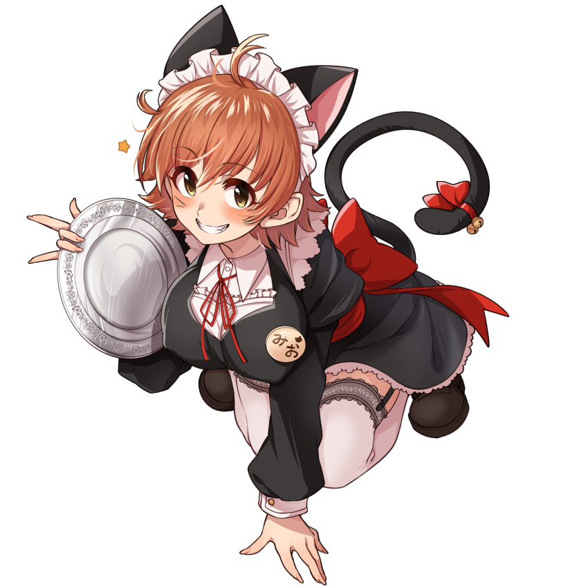 1girl absurdres ahoge alternate_costume animal_ears arm_support back_bow bangs bell black_dress blush bow breasts brown_footwear brown_hair cat_ears cat_tail commentary_request dress enmaided eyebrows_visible_through_hair fingernails full_body garter_straps grin hair_between_eyes hand_up highres holding holding_tray honda_mio idolmaster idolmaster_cinderella_girls jingle_bell juliet_sleeves kemonomimi_mode kneeling large_breasts long_fingernails long_sleeves looking_at_viewer maid maid_headdress morino_shoutarou name_tag neck_ribbon puffy_sleeves red_bow red_neckwear red_ribbon ribbon shiny shiny_hair shoes short_hair simple_background smile solo star_(symbol) tail tail_bell tail_bow thigh-highs tray whiskers white_background white_legwear yellow_eyes