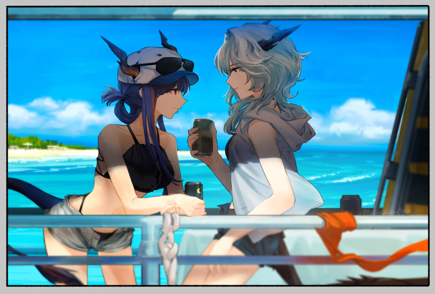 2girls arknights bangs bare_arms bare_shoulders baseball_cap beach bikini black_bikini blue_hair blue_sky breasts can ch'en_(arknights) chinese_commentary clouds commentary_request cowboy_shot day dragon_horns dragon_tail drink fingalphoneix from_side grey_hoodie grey_shorts hat highres holding holding_can hood hoodie horns horns_through_headwear looking_at_another multiple_girls ocean open_fly outdoors parted_lips profile railing red_eyes short_shorts shorts siblings sidelocks silver_hair sisters sky sleeveless sleeveless_hoodie small_breasts standing stomach swimsuit tail talulah_(arknights) thighs water waves