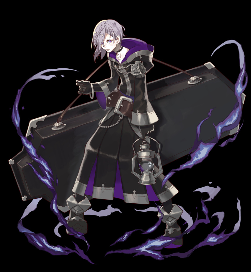 1boy belt black_background black_choker black_footwear black_gloves black_robe braid choker closed_mouth coffin collarbone fire gloves grey_hair highres holding holding_lantern hood hood_down hooded_robe kyo_niku lantern looking_at_viewer male_focus original purple_fire robe solo standing violet_eyes weapon