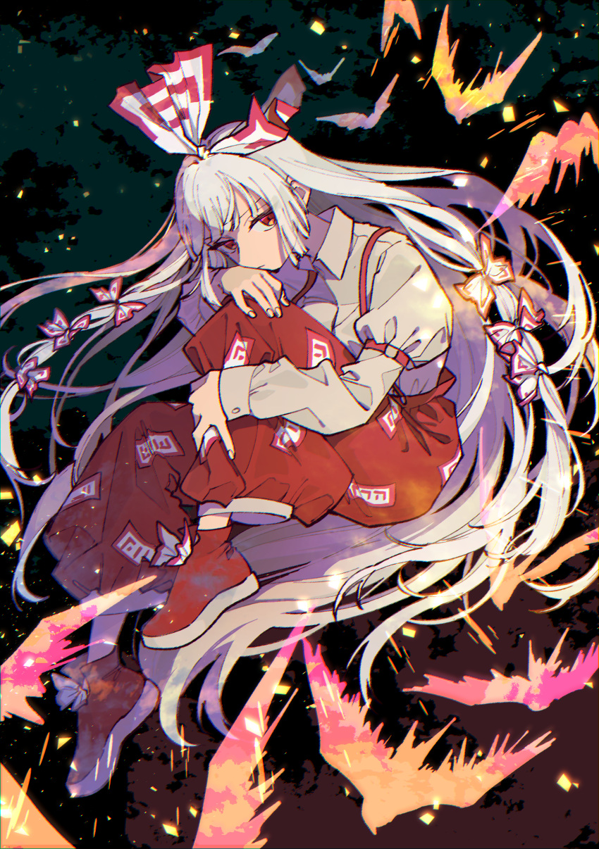 1girl absurdres bangs bird bow chizu_(mikankanntenn) commentary dark_background fire fujiwara_no_mokou full_body hair_bow highres knees_up leg_hug long_hair long_sleeves pants red_bow red_eyes red_footwear red_pants shirt shoe_bow shoes solo suspenders talisman touhou very_long_hair white_bow white_hair white_shirt