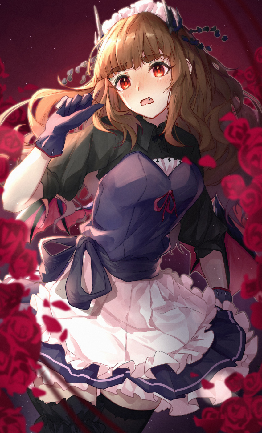 1girl absurdres alternate_costume black_gloves black_legwear blush breasts brown_hair enmaided eyebrows_visible_through_hair fang flower gloves highres idolmaster idolmaster_cinderella_girls kamiya_nao large_breasts long_hair looking_at_viewer maid maid_headdress night night_sky red_eyes red_flower red_rose rose shino_sto sky solo standing star_(sky) starry_sky thighs