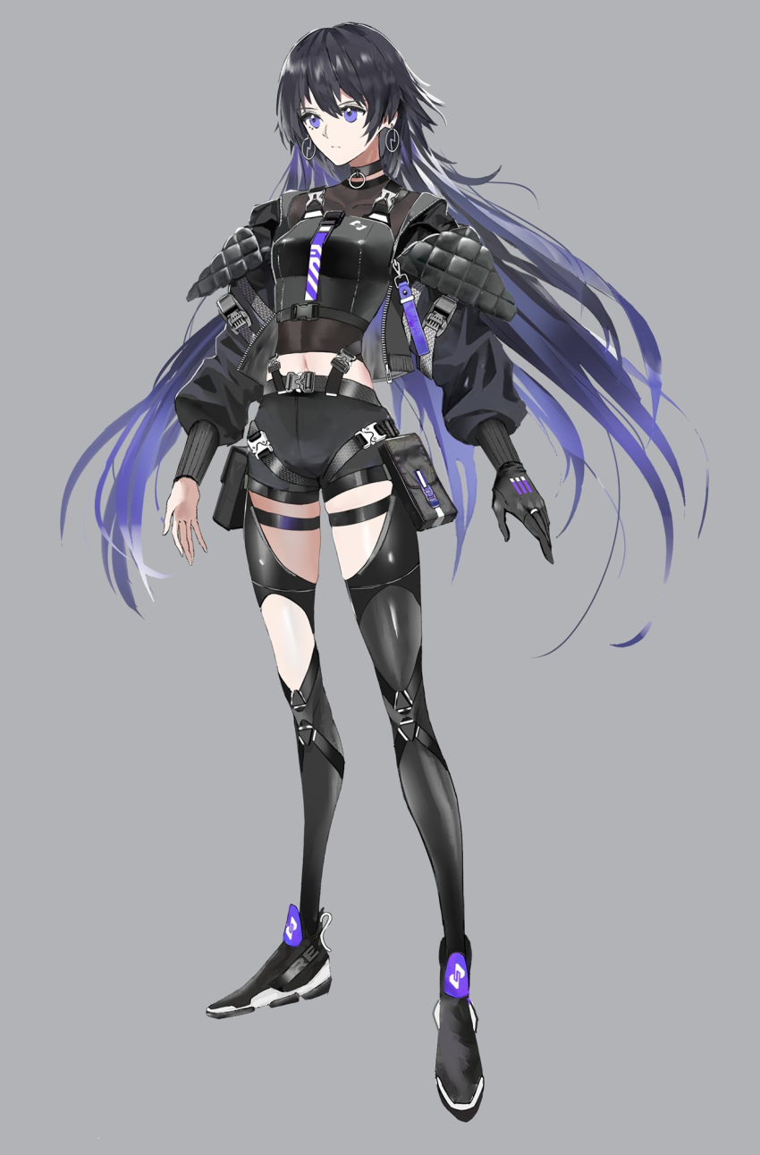 1girl arms_at_sides asymmetrical_clothes black_gloves black_hair blue_eyes blue_hair choker earrings full_body gloves gradient_hair grey_background highres jewelry kamitsubaki_studio koko_(vtuber) multicolored_hair navel serious shoes short_shorts shorts single_glove sneakers solo standing swav thigh_pouch