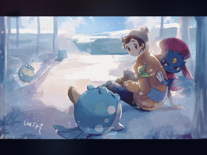 1boy arm_ribbon artist_name bangs beanie blush brown_eyes brown_gloves brown_hair commentary_request day gen_3_pokemon gen_4_pokemon gloves green_ribbon grey_headwear hanenbo hat highres jacket long_sleeves orange_jacket outdoors pokemon pokemon_(creature) pokemon_(game) pokemon_swsh ribbon sitting spheal swept_bangs victor_(pokemon) watermark weavile