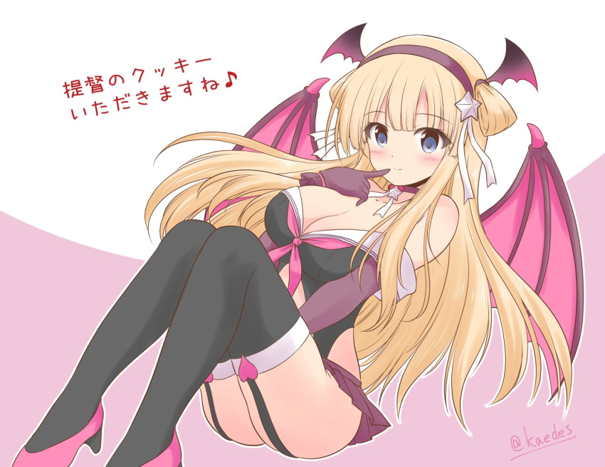 1girl blonde_hair blue_eyes blush breasts demon_wings double_bun fletcher_(kantai_collection) full_body halloween_costume icesherbet kantai_collection large_breasts long_hair off_shoulder pink_background pleated_skirt school_uniform serafuku skirt thigh-highs twitter_username two-tone_background white_background wings