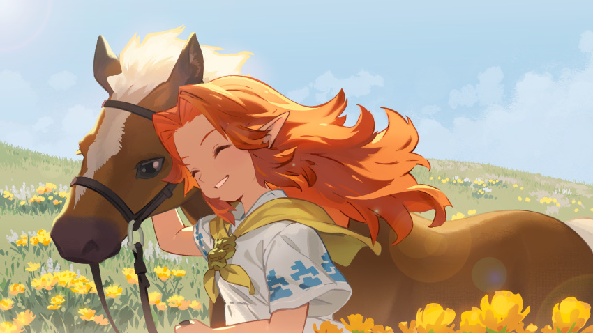 1girl animal arm_up blanco026 blue_eyes blue_sky brown_hair child closed_eyes clouds commentary_request day dress epona field flower highres horse long_hair malon orange_hair outdoors parted_lips pointy_ears short_sleeves sky smile solo teeth the_legend_of_zelda the_legend_of_zelda:_ocarina_of_time upper_body white_dress yellow_flower