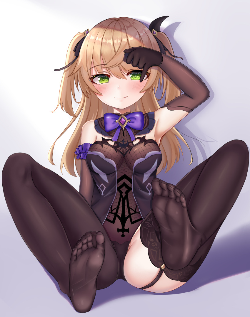 1girl absurdres black_dress blonde_hair blush bodysuit breasts center_opening closed_mouth dress eyepatch eyepatch_removed feet fischl_(genshin_impact) fishnet_bodysuit fishnets full_body garter_straps genshin_impact gloves green_eyes highres m_legs medium_breasts no_shoes reikyou shadow single_leg_pantyhose single_thighhigh sitting smile spread_legs thigh-highs