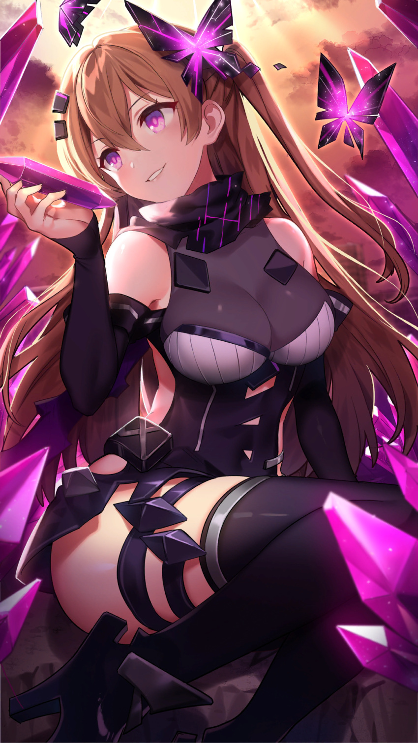 1girl alternate_eye_color amethyst_(gemstone) bare_shoulders black_dress black_footwear boots breasts brown_hair clothing_cutout dress girl_cafe_gun grin hair_between_eyes hair_ornament hand_up high_heel_boots high_heels highres irene_white_(girl_cafe_gun) long_hair long_sleeves looking_away medium_breasts official_art one_side_up outdoors parted_lips purple_hair revealing_clothes scarf short_dress shoulder_cutout sideless_outfit smile solo sunlight thigh-highs thigh_strap thighs