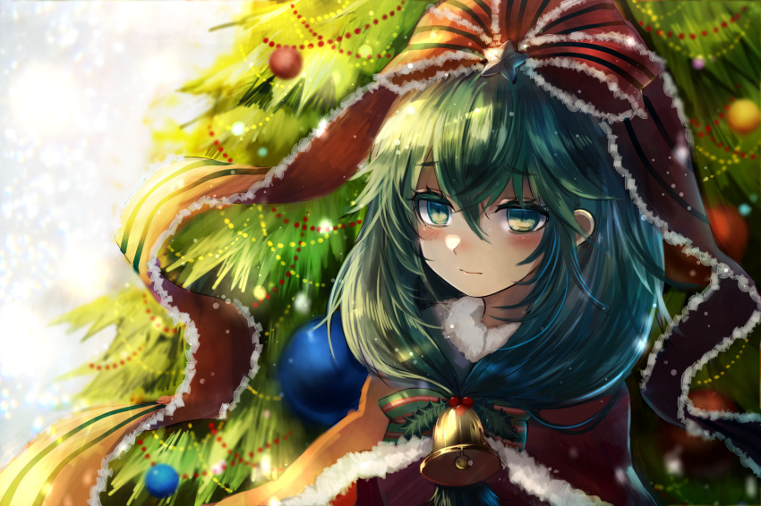 1girl bangs blush bow christmas_ornaments christmas_tree commentary_request dress eyebrows_visible_through_hair frilled_ribbon frills front_ponytail green_eyes green_hair hair_bow hair_ribbon highres kagiyama_hina maho_moco medium_hair red_dress red_ribbon ribbon solo touhou