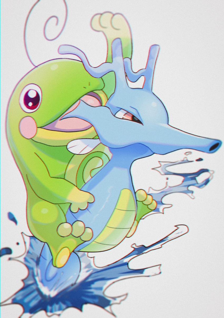 arm_up blurry commentary_request creature gen_2_pokemon highres kingdra no_humans open_mouth pokemon pokemon_(creature) politoed red_eyes riding_pokemon saiku_(zvlku) smile toes tongue water white_background