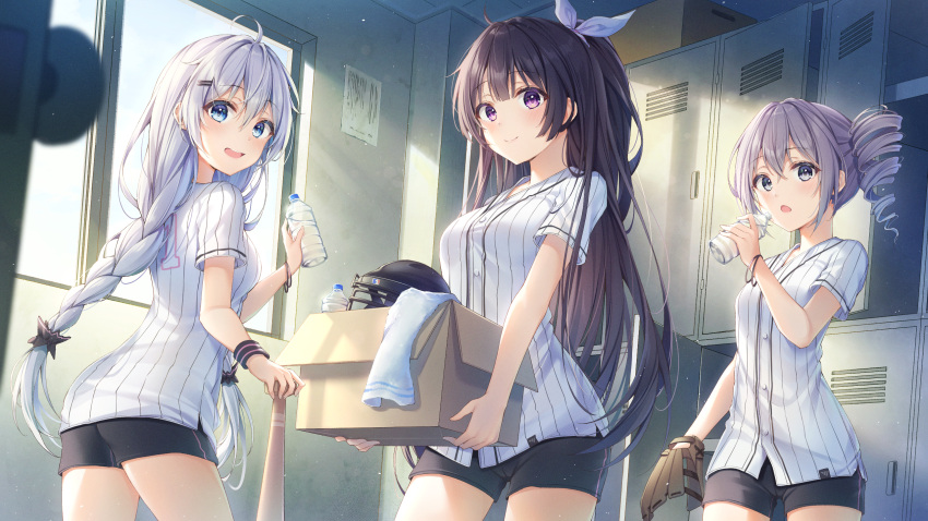 3girls ass baseball black_hair blue_eyes blush braid breasts bronya_zaychik dangmyo grey_eyes gym_uniform hair_ribbon highres honkai_(series) honkai_impact_3rd kiana_kaslana large_breasts locker locker_room long_hair looking_at_viewer looking_to_the_side multiple_girls open_mouth ponytail raiden_mei ribbon short_shorts short_twintails shorts silver_hair small_breasts smile twin_braids twintails violet_eyes