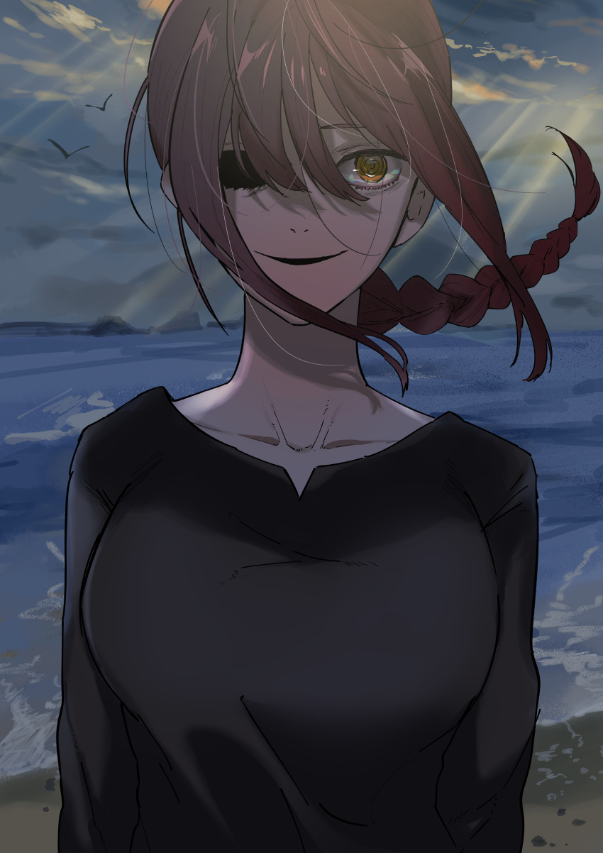 1girl absurdres animal bangs beach bird black_shirt braid braided_ponytail breasts brown_hair chainsaw_man hair_between_eyes highres looking_at_viewer makima_(chainsaw_man) medium_breasts medium_hair meltykiss0316 ocean one-eyed ringed_eyes sand shirt smile teardrop tears upper_body water wind yellow_eyes