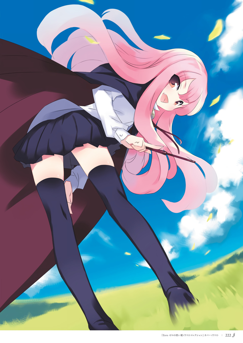 1girl :d bent_over blue_cape blue_legwear blue_skirt bolo_tie cape clouds fang grass hand_on_own_knee highres holding holding_wand looking_at_viewer looking_back louise_francoise_le_blanc_de_la_valliere noise_reduction official_art open_mouth orange_eyes outdoors page_number petals pink_hair scan skirt sky smile solo standing thigh-highs usatsuka_eiji wand zero_no_tsukaima zettai_ryouiki