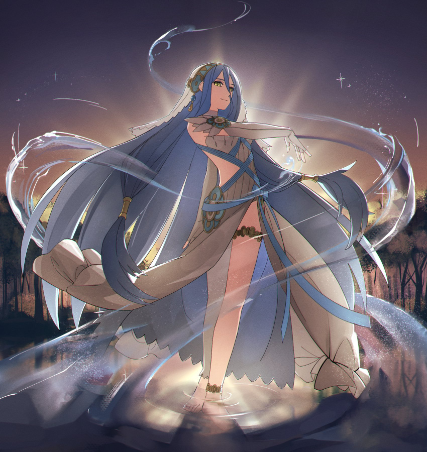 1girl a_(user_vtsy8742) azura_(fire_emblem) barefoot blue_hair blue_ribbon closed_mouth commentary dancing dress elbow_gloves english_commentary fire_emblem fire_emblem_fates gloves hair_between_eyes highres hydrokinesis jewelry long_hair looking_at_viewer on_liquid outdoors pond ribbon sky smile solo strapless strapless_dress tree veil very_long_hair water white_dress white_gloves white_veil yellow_eyes