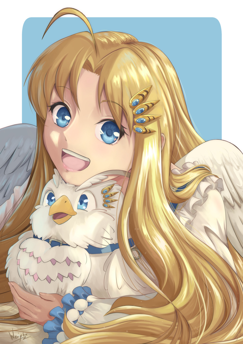 1girl :d absurdres ahoge angel_wings bird blander_mc blonde_hair blue_eyes border eyebrows_visible_through_hair feathered_wings firo_(tate_no_yuusha_no_nariagari) hair_intakes head_rest highres holding long_hair long_sleeves open_mouth outside_border shiny shiny_hair smile solo tate_no_yuusha_no_nariagari upper_body very_long_hair white_border white_wings wings