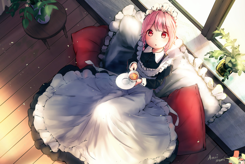1girl amamami_prime apron blush braid breasts cup dress from_above hair_between_eyes highres indoors long_dress looking_at_viewer maid maid_apron maid_dress maid_headdress medium_breasts medium_hair multicolored multicolored_eyes open_mouth original pillow pink_eyes pink_hair plant red_eyes short_twintails single_braid sitting solo tea teacup twintails window