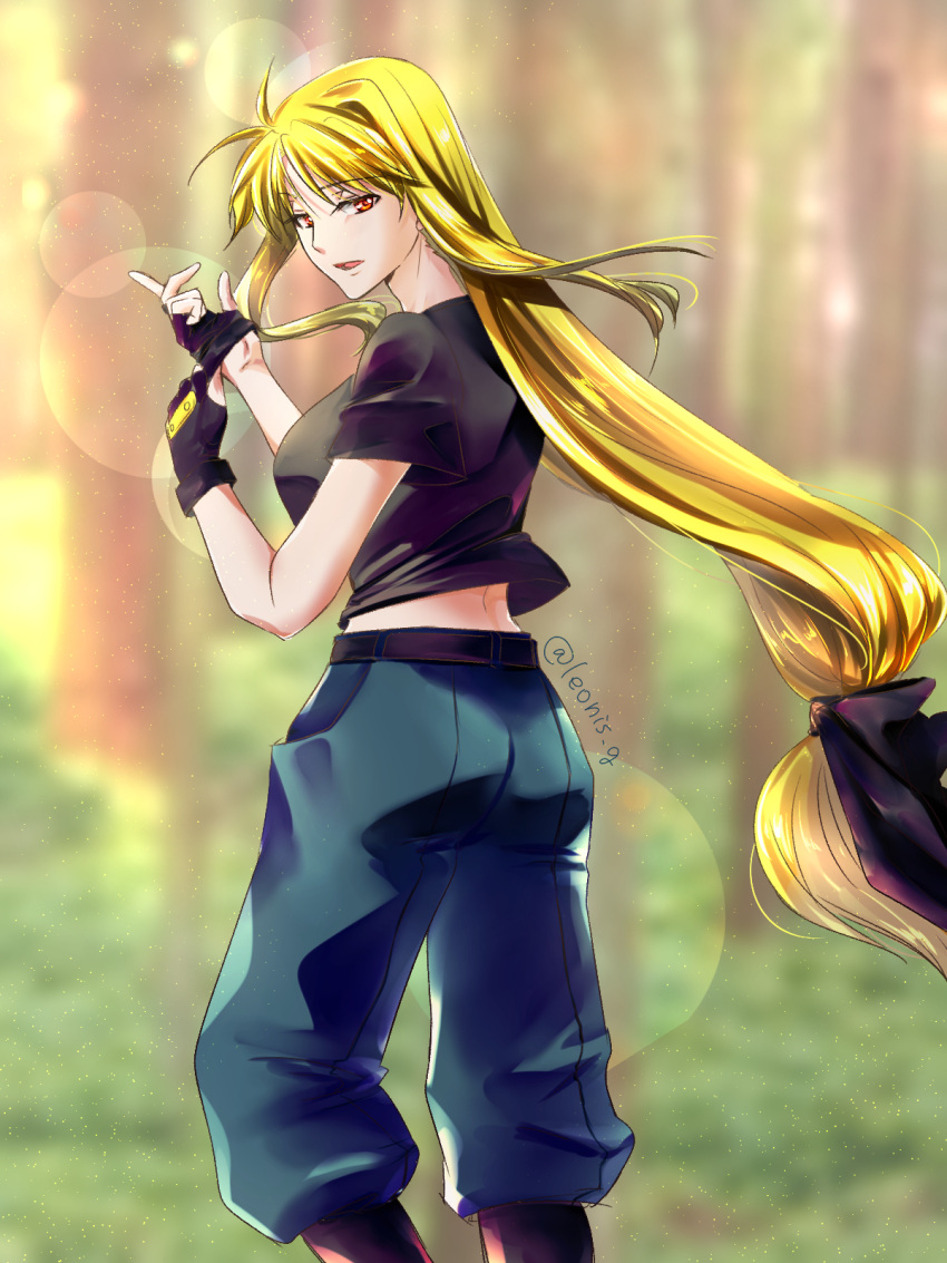 1girl ass black_bow black_gloves black_shirt blonde_hair blue_pants blurry blurry_background boots bow breasts commentary_request fate_testarossa fingerless_gloves forest gloves hair_bow highres large_breasts leonis_g long_hair looking_at_viewer looking_back low-tied_long_hair lyrical_nanoha mahou_shoujo_lyrical_nanoha_strikers midriff nature pants red_eyes shirt short_sleeves solo twitter_username very_long_hair