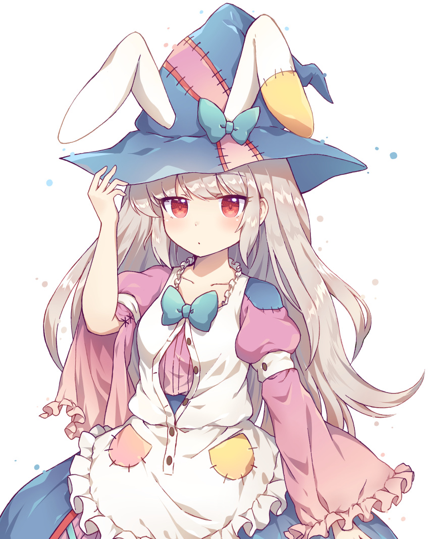 1girl absurdres animal_ears apron bangs blue_headwear blue_skirt blush caramell0501 closed_mouth commentary_request ears_through_headwear eyebrows_visible_through_hair frilled_apron frills grey_hair hand_on_headwear hand_up hat highres irisu_kyouko irisu_shoukougun! juliet_sleeves long_hair long_sleeves pink_shirt puffy_sleeves rabbit_ears red_eyes shirt simple_background skirt solo very_long_hair white_apron white_background wide_sleeves witch_hat