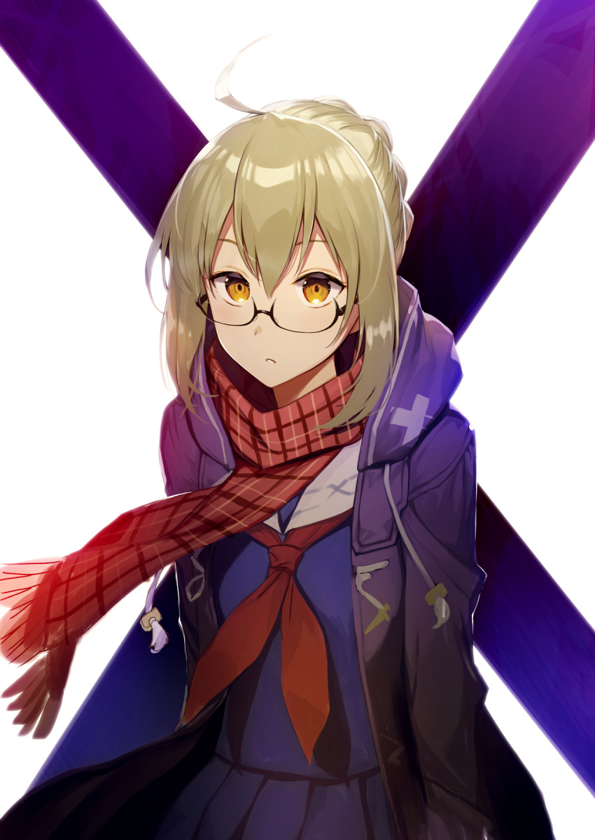 1girl ahoge arms_at_sides artoria_pendragon_(all) bangs black-framed_eyewear black_coat black_skirt blonde_hair braid closed_mouth coat cowboy_shot duffel_coat fate/grand_order fate_(series) floating_clothes glasses hair_between_eyes highres jacket long_sleeves looking_at_viewer mysterious_heroine_x_(alter) neckerchief nonderi open_clothes open_coat parted_lips plaid plaid_scarf pleated_skirt red_neckwear red_scarf sailor_collar scarf school_uniform semi-rimless_eyewear serafuku shirt short_hair sidelocks skirt solo teeth under-rim_eyewear upper_body yellow_eyes