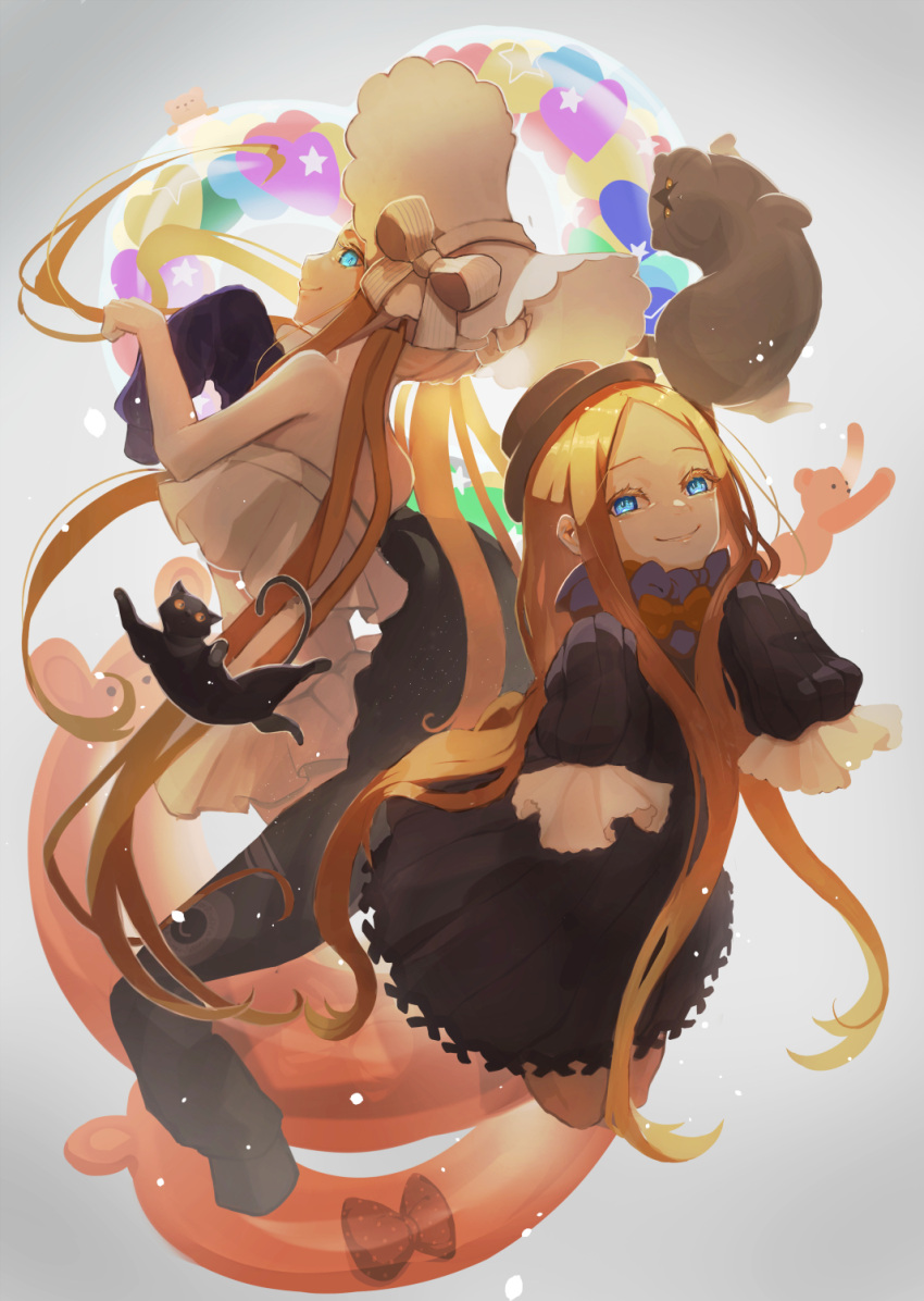 abigail_williams_(fate/grand_order) abigail_williams_(swimsuit_foreigner)_(fate) back backlighting bangs bare_shoulders bikini black_bow black_cat black_dress black_headwear blonde_hair blue_eyes bonnet bow breasts cat dress dual_persona fate/grand_order fate_(series) forehead gajumaru09 highres innertube jacket jacket_removed long_hair long_sleeves looking_at_viewer looking_back multiple_bows orange_bow parted_bangs sidelocks sleeves_past_fingers sleeves_past_wrists smile stuffed_animal stuffed_toy swimsuit teddy_bear twintails very_long_hair white_bikini white_headwear