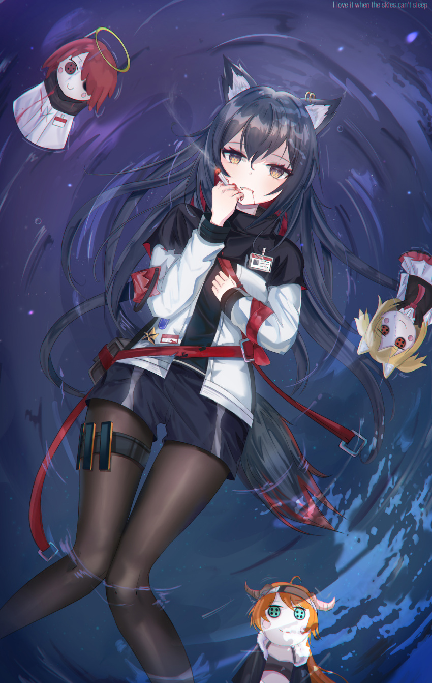 1girl absurdres animal_ears arknights bangs black_capelet black_hair black_legwear black_shorts brown_eyes capelet character_doll cigarette commentary croissant_(arknights) exusiai_(arknights) feet_out_of_frame hand_up highres holding holding_cigarette huge_filesize jacket long_hair long_sleeves pantyhose short_shorts shorts solo sora_(arknights) tail texas_(arknights) thigh_strap thighs white_jacket wolf_ears wolf_tail xxdentera