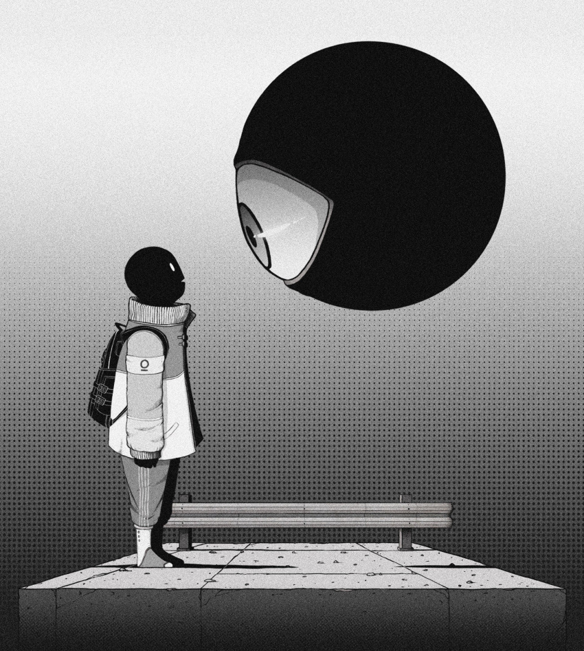backpack bag crack cracked_floor creature eldritch_abomination eyeball floating gradient gradient_background greyscale highres jacket looking_at_another monochrome no_pupils open_clothes open_jacket original oskadesign parted_lips patterned patterned_background railing shadow single_eye standing