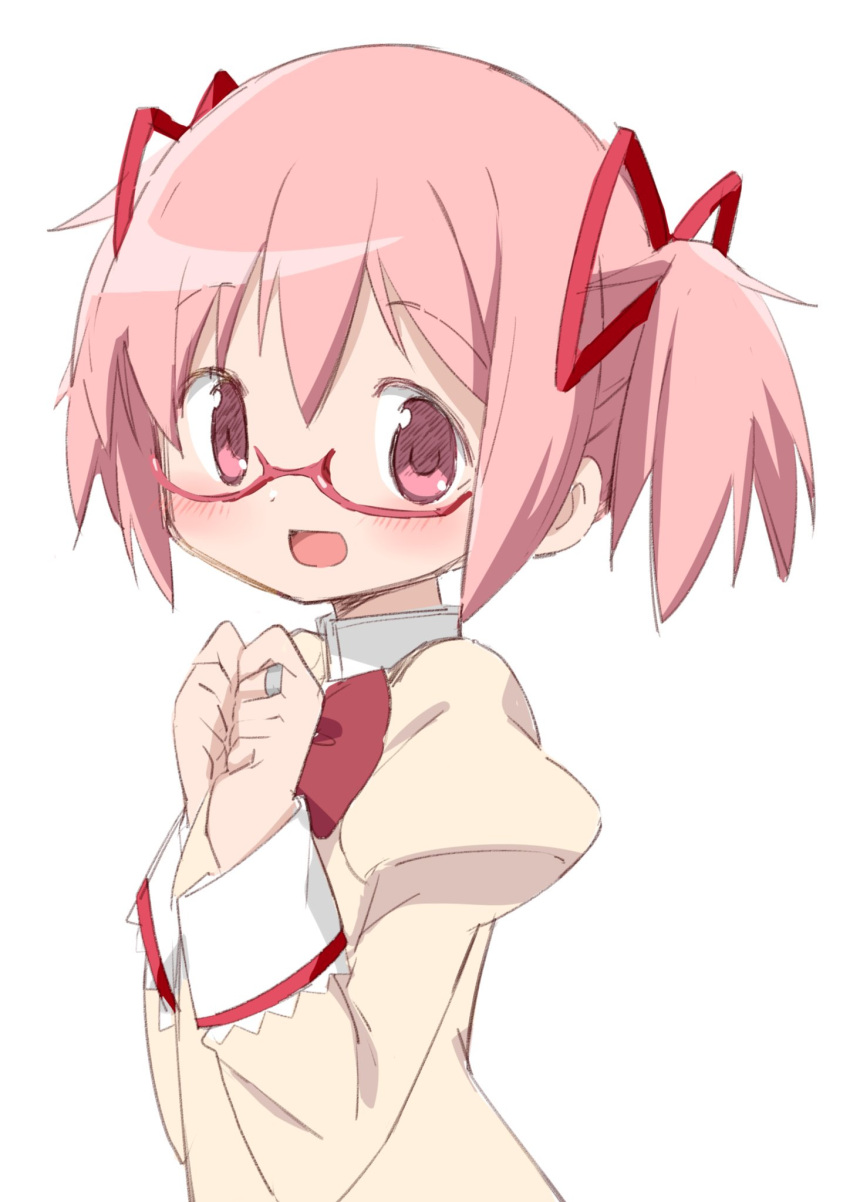 1girl :d bespectacled clenched_hands dot_nose eyebrows_visible_through_hair flat_chest glasses hair_between_eyes hair_ribbon hands_up happy high_collar highres jewelry juliet_sleeves kaname_madoka light_blush long_sleeves looking_at_viewer mahou_shoujo_madoka_magica mitakihara_school_uniform neck_ribbon open_mouth own_hands_together pink_eyes pink_hair puffy_sleeves red-framed_eyewear red_ribbon ribbon ring school_uniform semi-rimless_eyewear shaded_face shiny shiny_hair short_twintails sidelocks simple_background smile solo tsubaki_(tatajd) twintails under-rim_eyewear uniform upper_body white_background