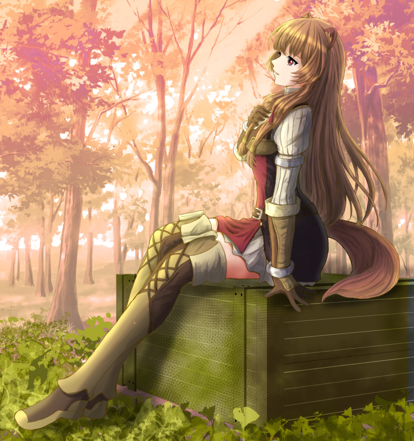 1girl animal_ears autumn bangs boots brown_footwear brown_gloves brown_hair from_side gloves grey_skirt highres long_hair long_sleeves miniskirt open_mouth outdoors pasopy pleated_skirt profile raccoon_ears raccoon_girl raccoon_tail raphtalia red_eyes shiny shiny_hair sitting skirt solo straight_hair tail tate_no_yuusha_no_nariagari thigh-highs thigh_boots very_long_hair zettai_ryouiki