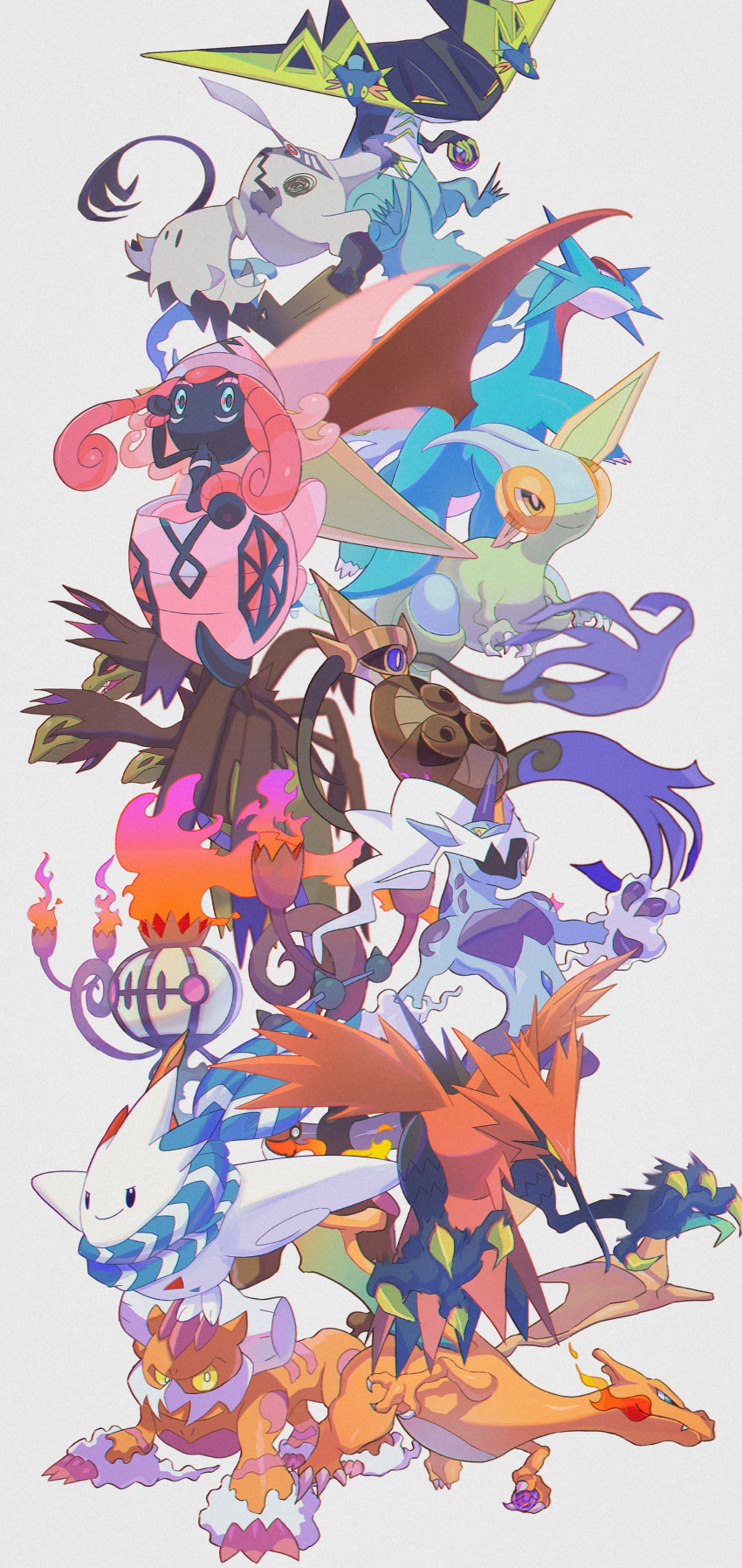 absurdres aegislash alternate_color black_eyes chandelure charizard choice_scarf claws closed_mouth dragapult dragon fangs flygon galarian_form galarian_zapdos gen_1_pokemon gen_3_pokemon gen_4_pokemon gen_5_pokemon gen_6_pokemon gen_7_pokemon gen_8_pokemon highres holding hydreigon landorus legendary_pokemon life_orb mimikyu open_mouth pokemon saiku_(zvlku) salamence shiny_pokemon smile spell_tag tapu_lele thundurus thundurus_(therian) togekiss white_background