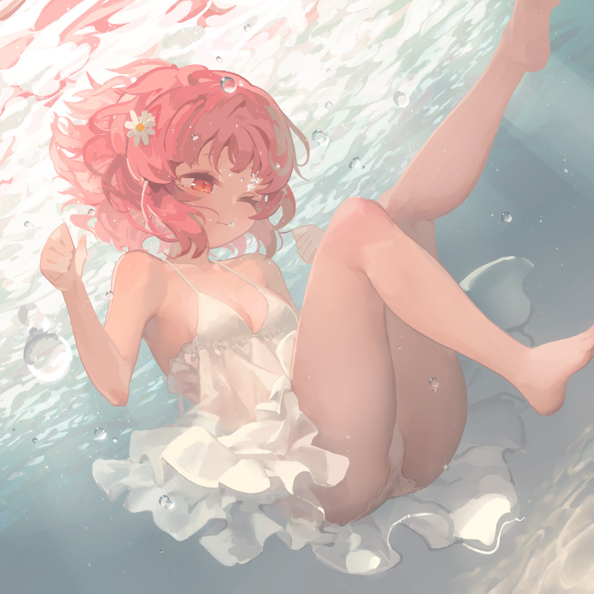 1girl absurdres air_bubble bare_arms bare_legs bare_shoulders barefoot bubble chemise commentary_request dress dutch_angle flower hair_flower hair_ornament highres madaragi ocean one_eye_closed original panties pink_hair red_eyes short_hair solo spaghetti_strap submerged underwater underwear water white_dress white_panties