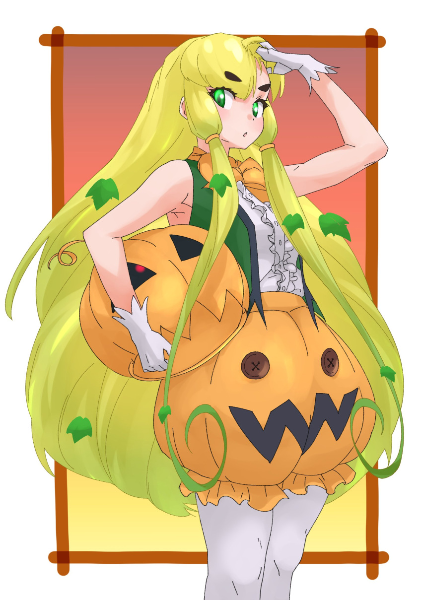 1girl absurdres bare_shoulders blonde_hair bow bowtie center_frills commentary_request cowboy_shot eyebrows_visible_through_hair frills gloves green_eyes green_hair green_vest hand_in_hair hat hat_removed headwear_removed highres holding holding_clothes holding_hat jack-o'-lantern_(kemono_friends) kemono_friends long_hair multicolored_hair orange_neckwear orange_shorts pantyhose pumpkin_hat pumpkin_pants shirt shorts sleeveless solo tanabe_(fueisei) vest white_gloves white_legwear white_shirt