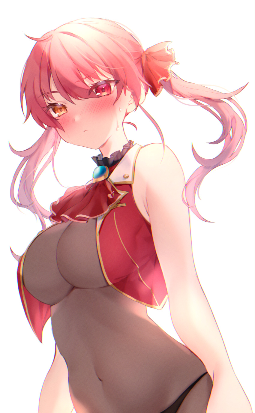 1girl absurdres ascot bangs bare_shoulders black_choker blush bodystocking breasts choker cropped_vest frilled_choker frills hair_ribbon harui_(hr_x9_) heterochromia highres hololive houshou_marine large_breasts long_hair looking_at_viewer panties red_eyes red_neckwear red_ribbon redhead ribbon solo sweatdrop twintails underwear vest virtual_youtuber yellow_eyes