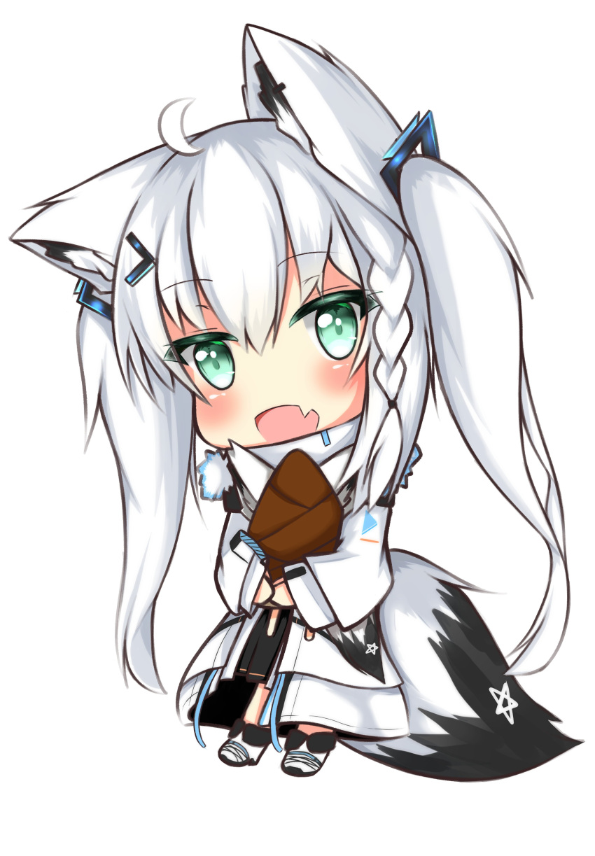 1girl absurdres ahoge animal_ear_fluff animal_ears bangs blush braid chibi commentary_request eyebrows_visible_through_hair fang fox_ears fox_girl fox_tail fur-trimmed_jacket fur_trim green_eyes hair_between_eyes hair_ornament hairclip highres holding hololive jacket long_hair long_sleeves looking_at_viewer open_mouth oruyanke_(shirakami_fubuki) pentagram riberetta shirakami_fubuki sidelocks simple_background single_braid skin_fang solo tail twintails virtual_youtuber white_background white_hair white_jacket