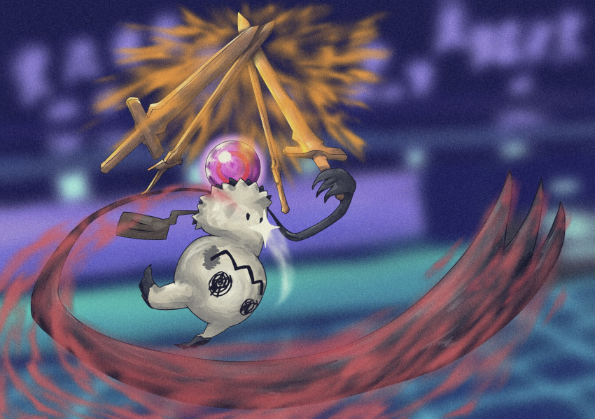 alternate_color blurry blurry_background claws commentary_request energy gen_7_pokemon highres holding holding_sword holding_weapon iro_haruno life_orb mimikyu no_humans pokemon pokemon_(creature) shiny_pokemon solo sword swords_dance_(pokemon) upside-down weapon