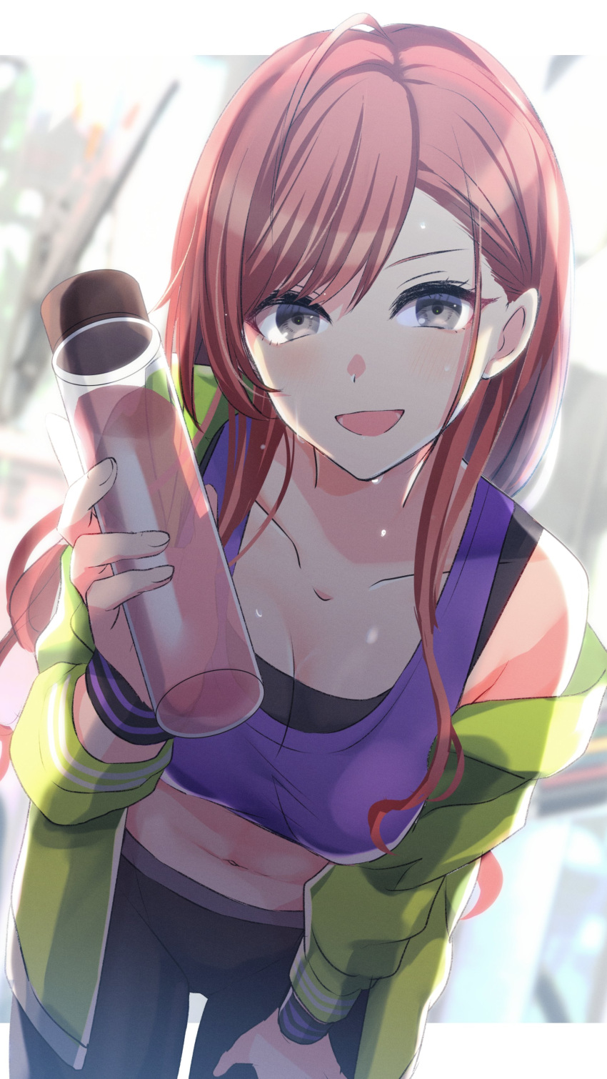 1girl absurdres ahoge arisugawa_natsuha artist_request black_eyes breasts commentary_request dutch_angle film_grain flask green_jacket highres idolmaster idolmaster_shiny_colors jacket large_breasts leggings long_hair looking_at_viewer midriff navel open_clothes open_jacket open_mouth redhead solo sweat tank_top wristband