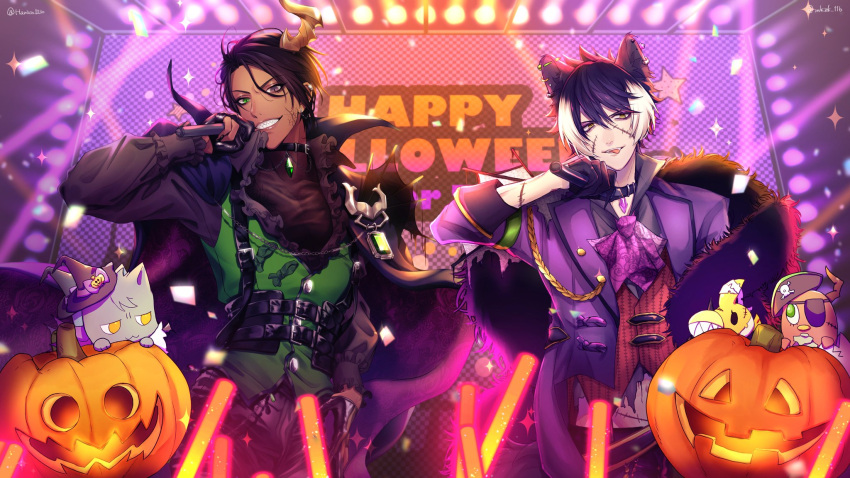 2boys animal_ears aragami_ouga ascot bangs black_cape black_hair black_shirt cape collaboration collar commentary_request confetti earrings eyebrows_visible_through_hair glowstick green_eyes hair_between_eyes halloween halloween_costume hanaco_(hanaco_1230) highres holding holding_microphone holostars horns jackal_ears jacket jewelry jinra_(mkzk_116) kageyama_shien looking_at_viewer microphone multicolored_hair multiple_boys pumpkin purple_jacket sharp_teeth shirt single_horn sparkle stage stage_lights stitches swept_bangs teeth tongue tongue_out two-tone_hair violet_eyes virtual_youtuber white_hair yellow_eyes