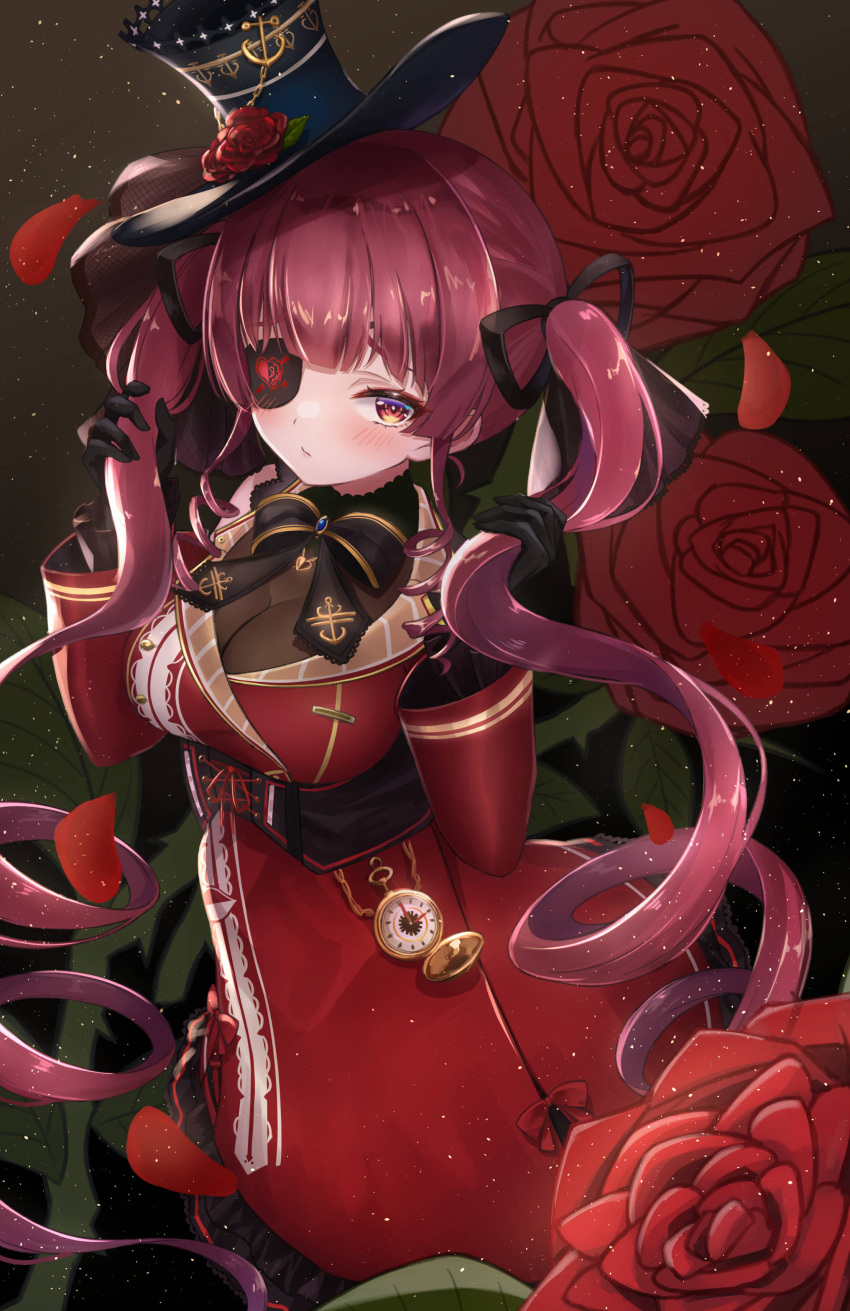 1girl absurdres black_gloves black_ribbon blush bodystocking coat commentary_request eyepatch feet_out_of_frame flower gloves hair_ribbon hat higashigure highres holding holding_hair hololive houshou_marine long_hair pocket_watch red_coat red_eyes redhead ribbon rose see-through solo top_hat twintails virtual_youtuber watch