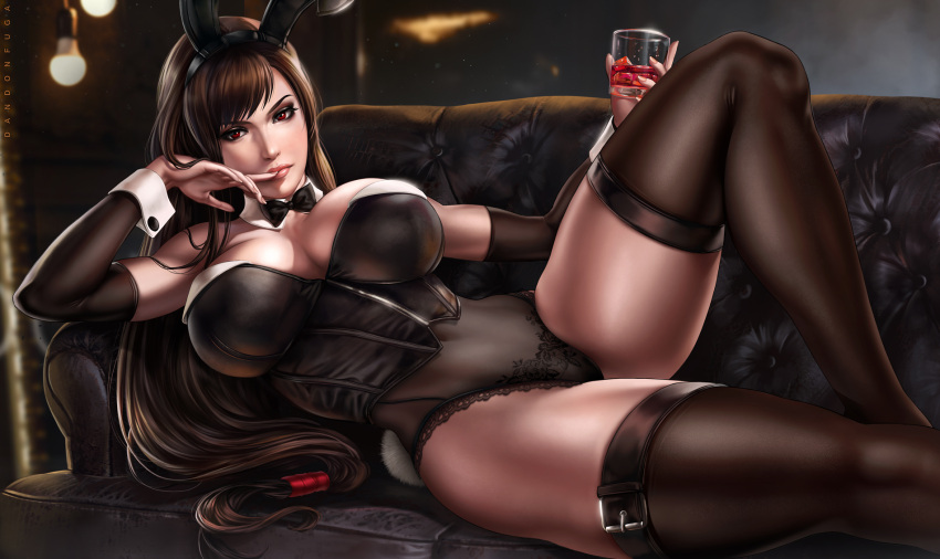 1girl artist_name black_legwear breasts brown_eyes brown_hair couch cuffs cup dandon_fuga drinking_glass final_fantasy final_fantasy_vii highres lace_trim large_breasts long_hair looking_at_viewer signature solo thigh-highs tifa_lockhart