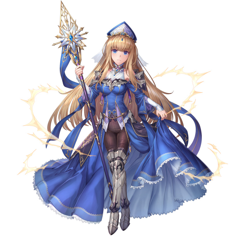 1girl absurdres aura blonde_hair blue_dress blue_eyes boots breasts brown_pants closed_mouth dress hat highres holding holding_staff knee_boots long_hair looking_at_viewer medium_breasts metal_boots original pants shichigatsu simple_background skirt_hold solo staff white_background