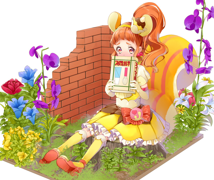 1girl animal_ears arisugawa_himari blush book boots bow brick_wall cherry_earrings commentary_request covering_mouth cure_custard dress earrings elbow_gloves embarrassed flower flower_request food food_themed_earrings food_themed_hair_ornament gloves hair_ornament hairband high_heel_boots high_heels high_ponytail highres jewelry kirakira_precure_a_la_mode lily_(flower) long_hair looking_at_viewer magical_girl nose_blush orange_eyes orange_hair orchid partial_commentary paw_boots plant precure pudding red_bow rose side_ponytail simple_background sitting sitting_on_tree_stump solo squirrel_ears squirrel_tail tail tree_stump white_background yellow_dress yellow_footwear yellow_hairband yuutarou_(fukiiincho)