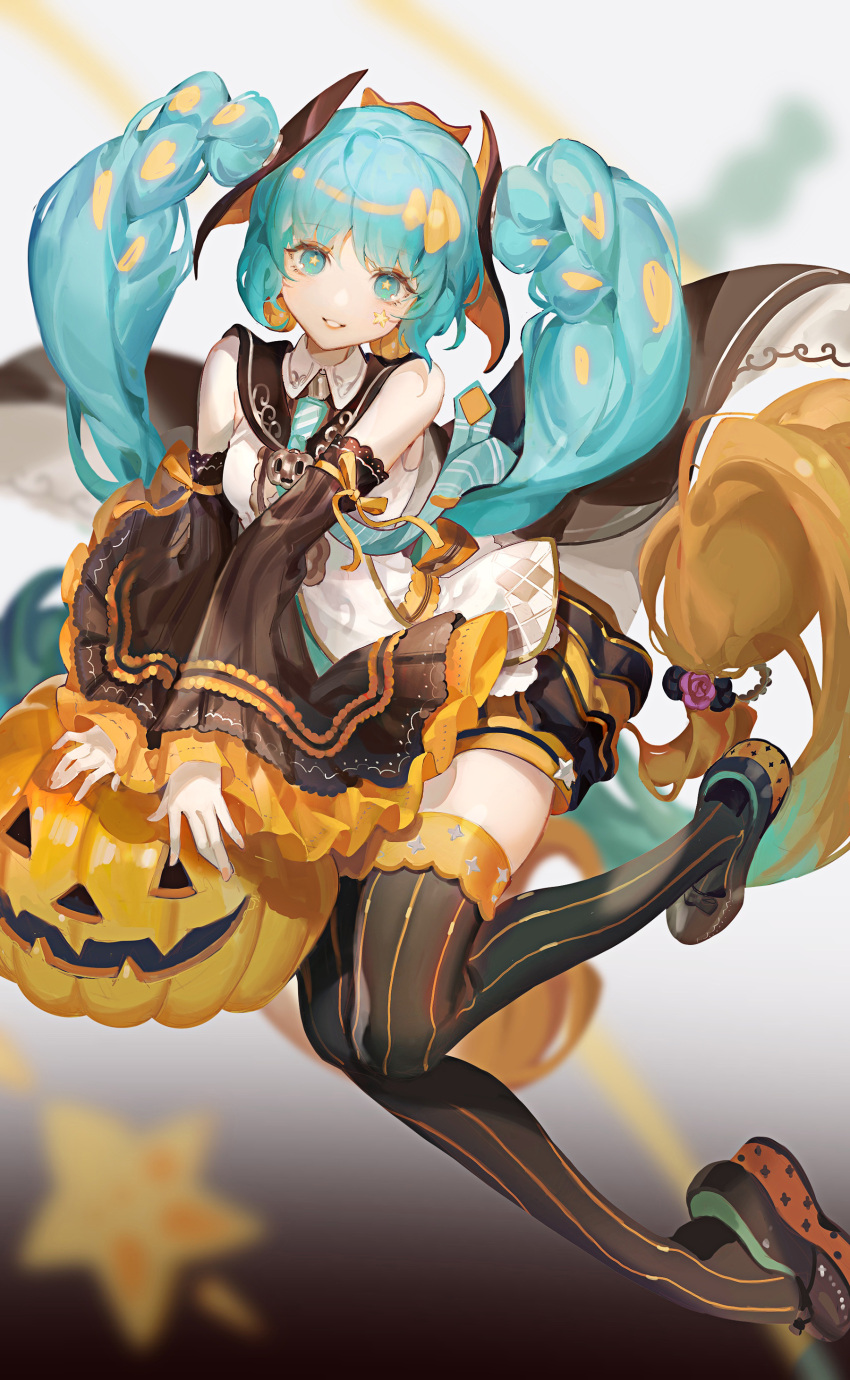 1girl absurdres aqua_eyes aqua_hair aqua_neckwear black_footwear black_legwear blurry blurry_background breasts cape detached_sleeves earrings eyebrows_visible_through_hair facial_mark food_themed_earrings formal grin hair_ornament halloween hatsune_miku highres jack-o'-lantern jewelry leg_up long_hair looking_at_viewer multicolored multicolored_clothes multicolored_legwear necktie pumpkin pumpkin_earrings samo_(shichun_samo) shirt skirt sleeveless small_breasts smile solo star-shaped_pupils star_(symbol) striped striped_legwear symbol-shaped_pupils thigh-highs twintails v_arms very_long_hair vocaloid white_background white_shirt zettai_ryouiki