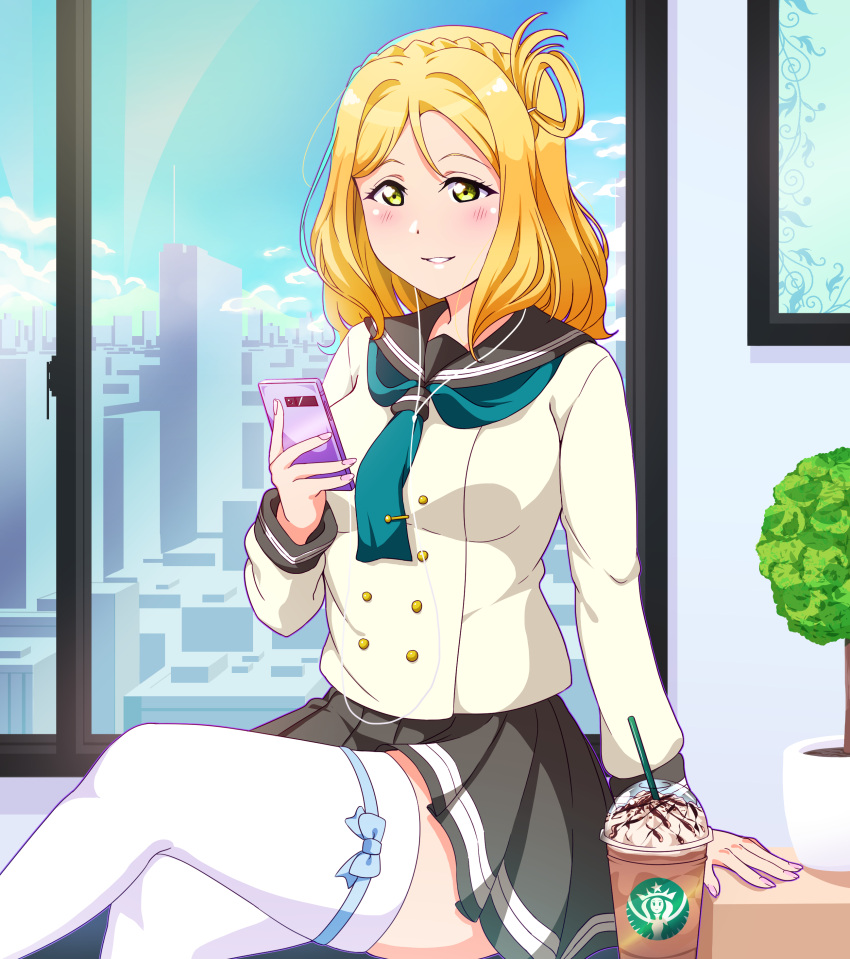 1girl absurdres arm_support blue_sky blush braid cellphone clouds crossed_legs crown_braid double-breasted drinking_straw hair_rings highres looking_at_viewer love_live! love_live!_school_idol_project love_live!_sunshine!! medium_hair nail_polish ohara_mari phone plant potted_plant sailor_collar school_uniform sky skyline smartphone smile solo thigh-highs tsumikiy white_legwear window yellow_eyes