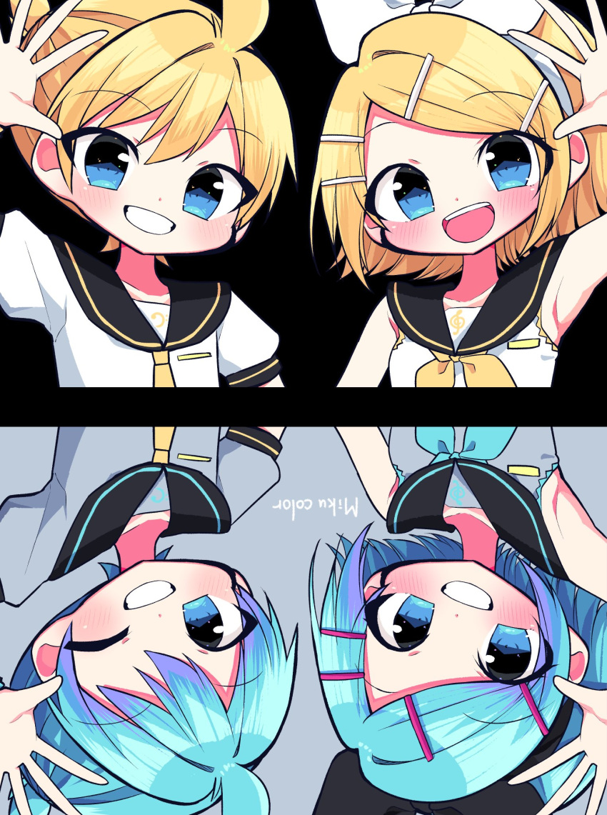 1boy 1girl alternate_color aqua_hair arm_up bangs bare_shoulders bass_clef black_background black_collar blonde_hair blue_eyes blush bow collar commentary grey_background grey_shirt grin hair_bow hair_ornament hairclip highres kagamine_len kagamine_rin kasaki_sakura multiple_views neckerchief necktie open_mouth sailor_collar school_uniform shirt short_hair short_ponytail short_sleeves side-by-side smile spiky_hair swept_bangs symmetry treble_clef upside-down vocaloid waving white_bow white_shirt yellow_neckwear